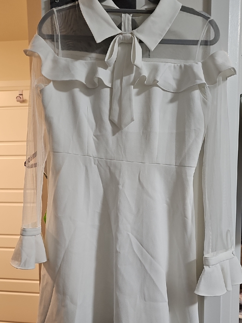 Sheer Sleeve Ruffle Collar White Dress